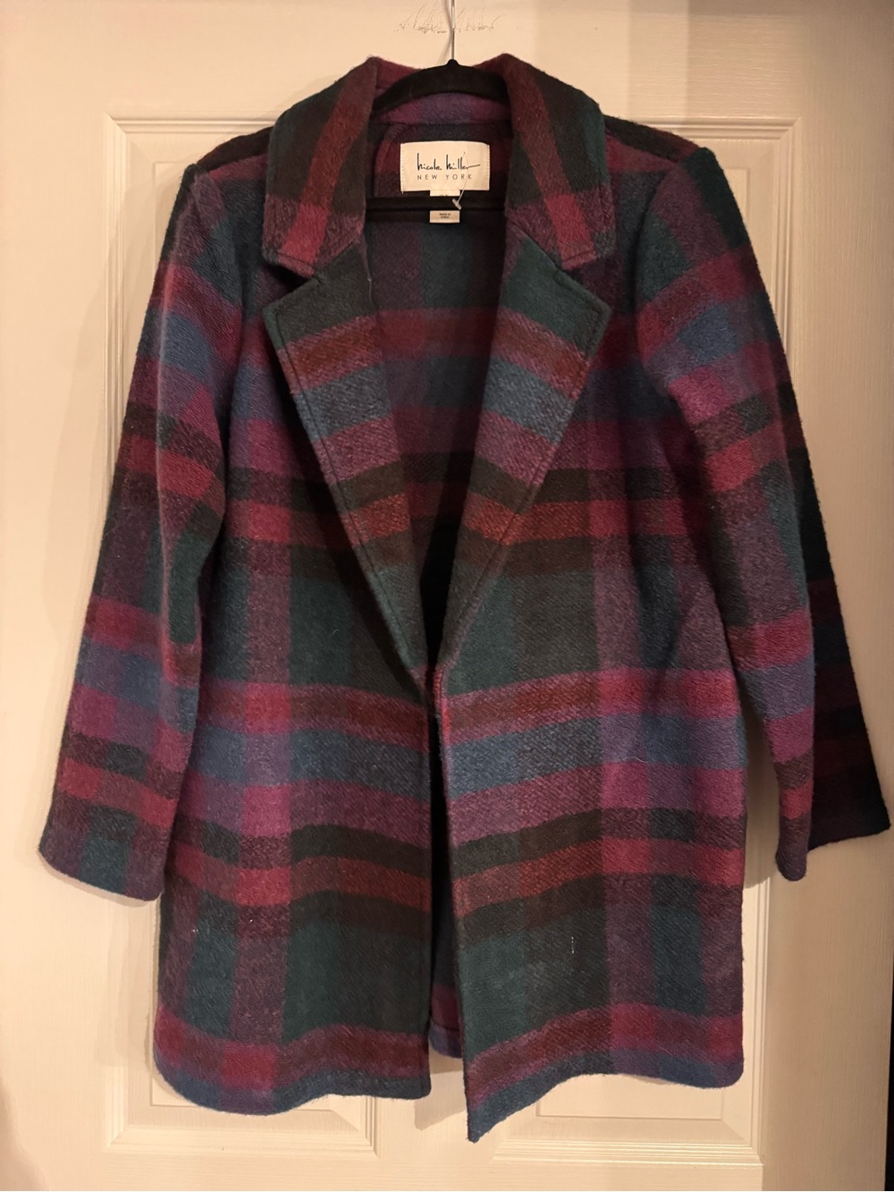 Nicole Miller Plaid Pea Coat in Burgundy, Teal & Navy